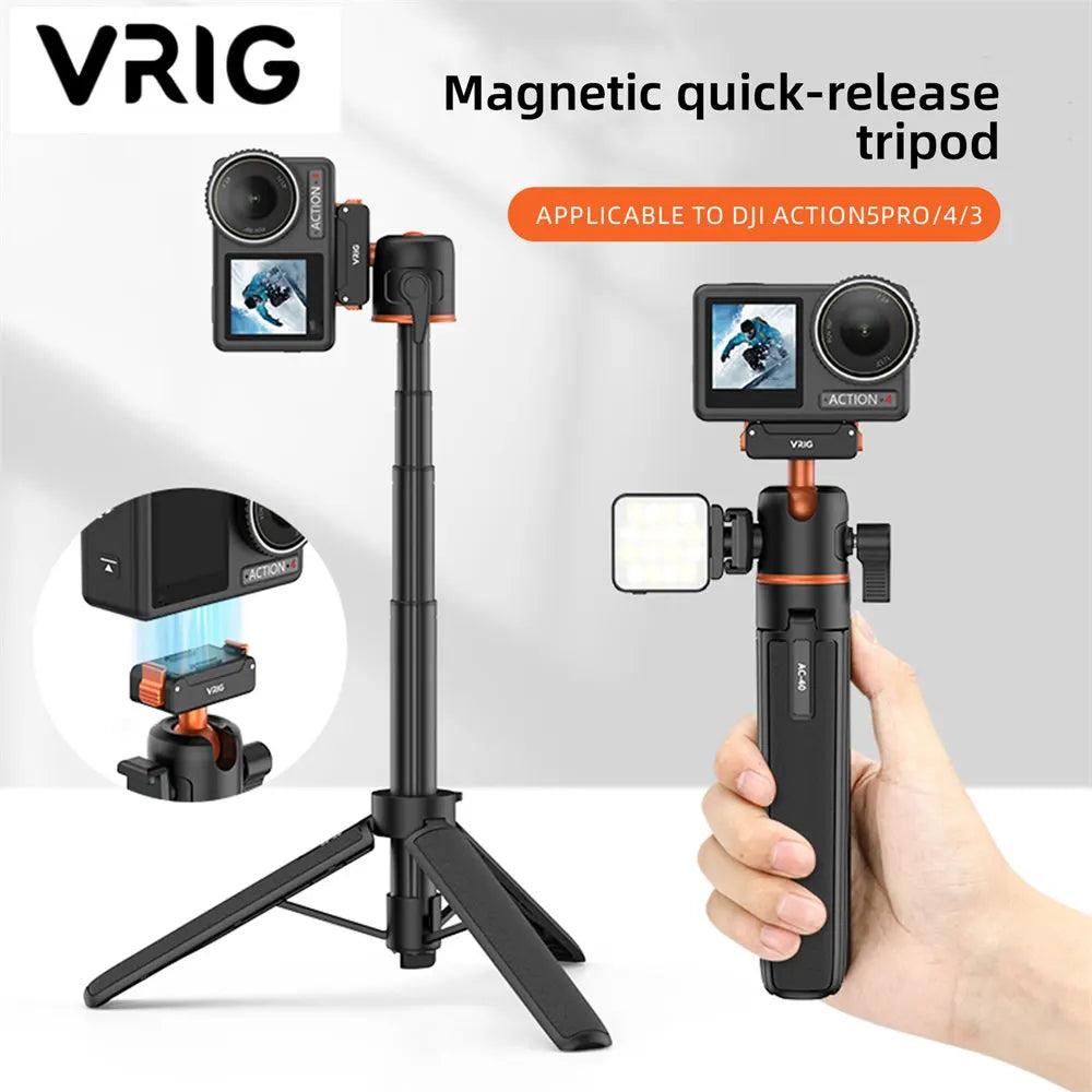 Black and orange Vrig stand holding an action camera on a magnetic mount, as a tripod and as a handheld grip with a light