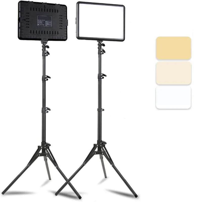 Two slim LED video panel lights on tall black tripod stands, one showing its back, beside three color temperature swatches