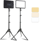 Two slim LED video panel lights on tall black tripod stands, one showing its back, beside three color temperature swatches