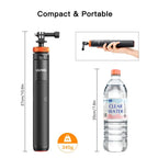 Black and orange Uurig stick with 360, action and compact cameras, as a long stick, a handle and a tripod, plus an adapter