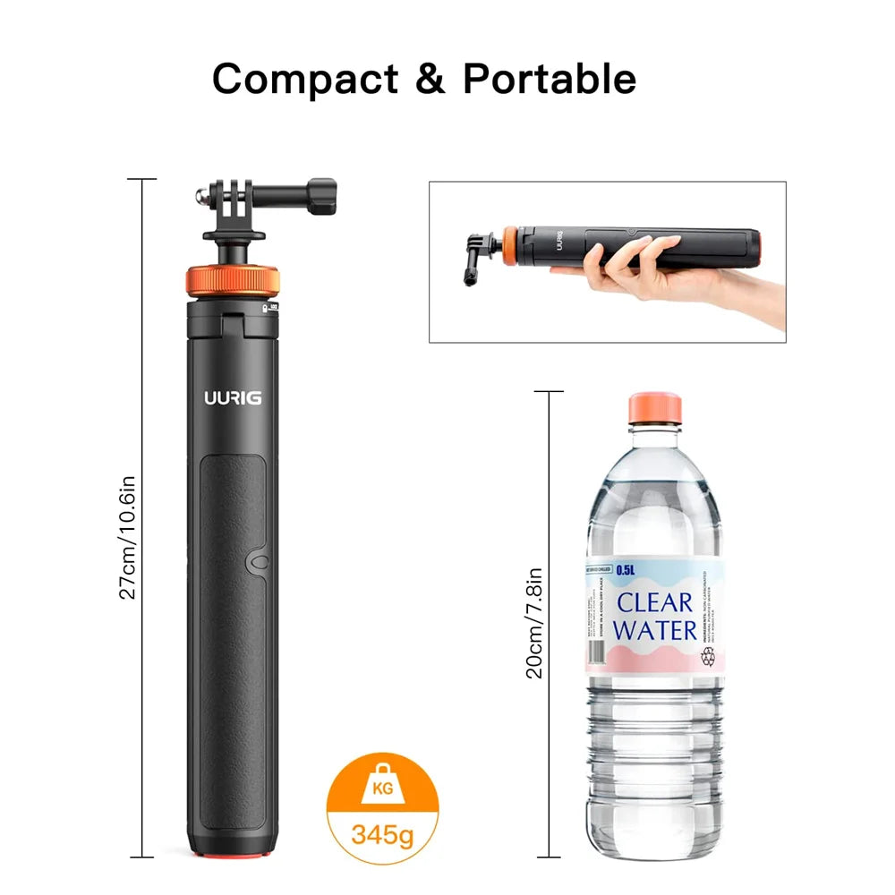 Black and orange Uurig stick with 360, action and compact cameras, as a long stick, a handle and a tripod, plus an adapter
