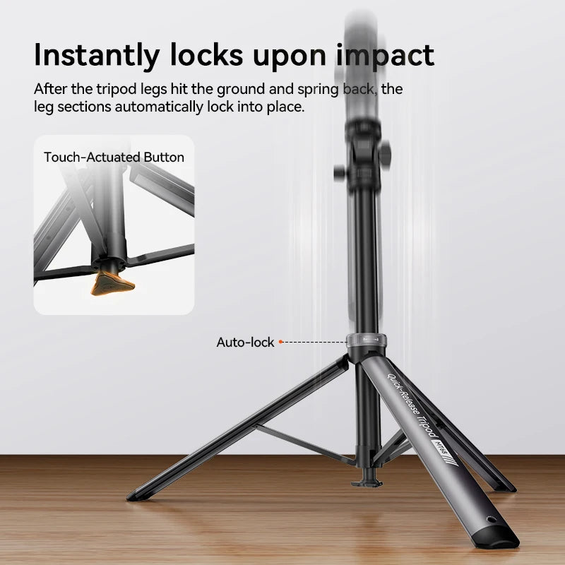Dark gray Coman tripod with a small tilting head, standing and folded, with close-ups of the locking knobs and spring legs