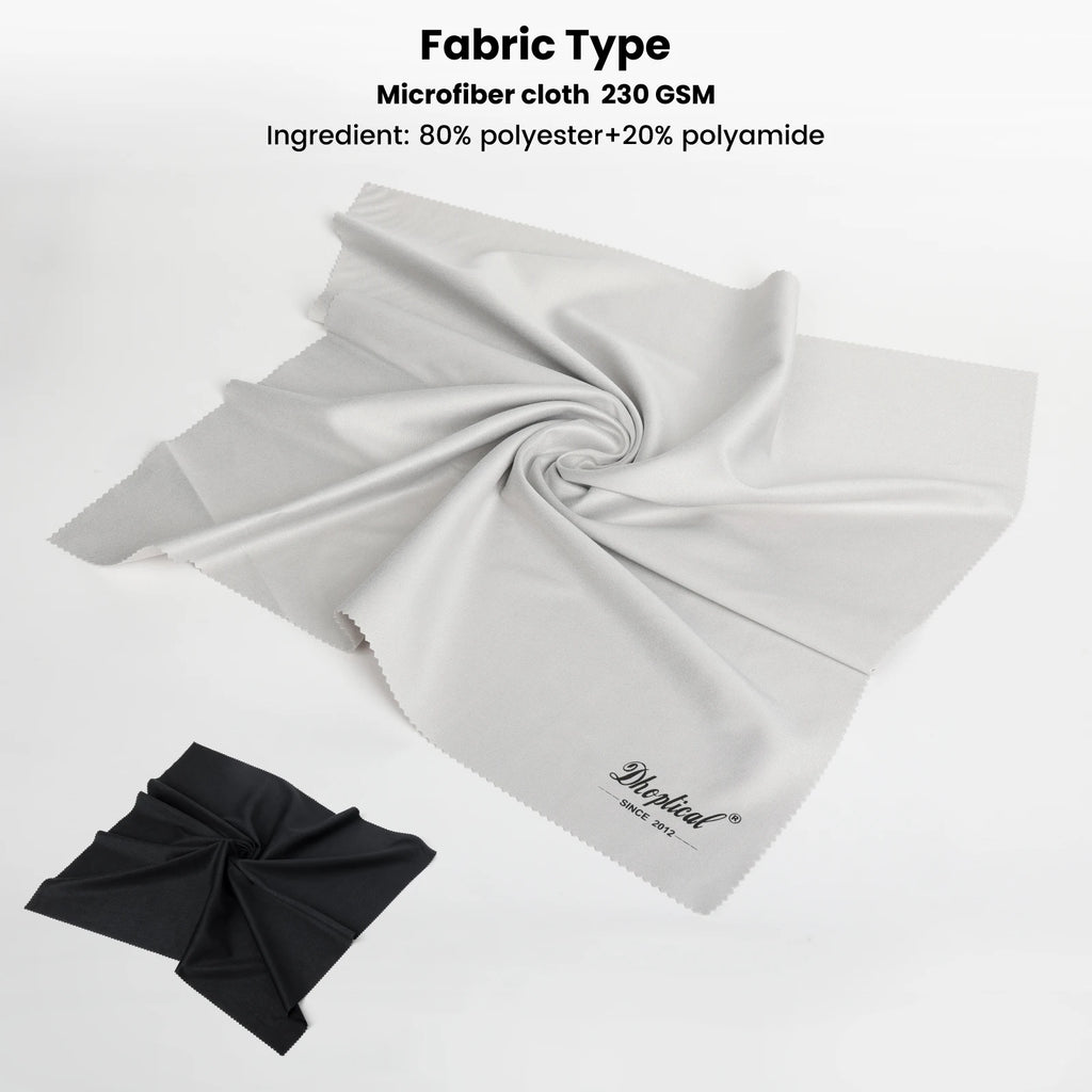 Hand holding a large black microfiber cloth, with a black and a gray cloth in sleeves and a gray retail package below