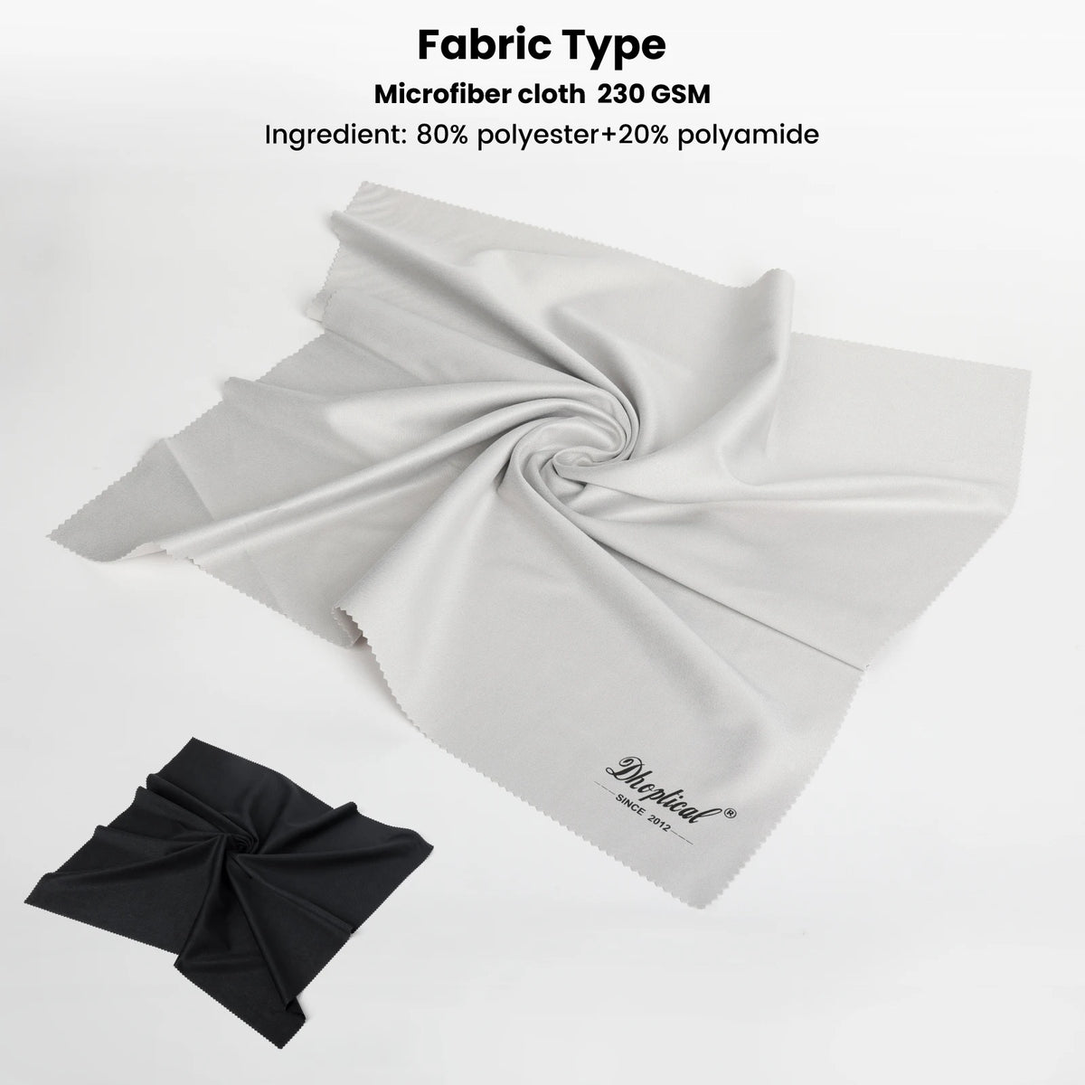Hand holding a large black microfiber cloth, with a black and a gray cloth in sleeves and a gray retail package below