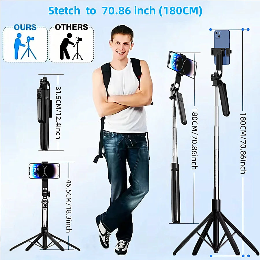 Black selfie stick tripod on a four-leg base holding a phone, with a detachable remote clipped to the pole