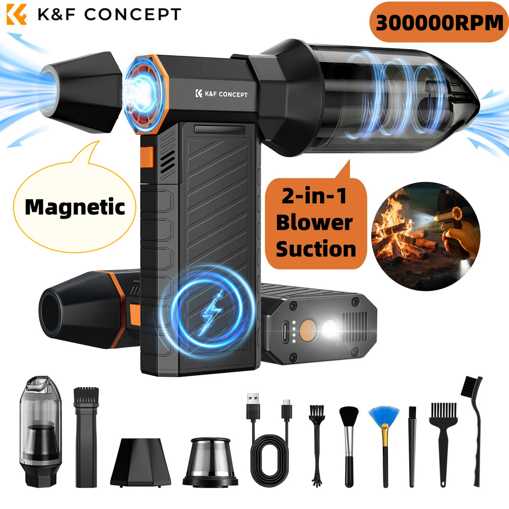 Black and orange K&F Concept handheld electric blower with vacuum attachment, plus nozzles, filter, USB cable and brushes