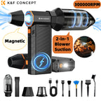 Black and orange K&F Concept handheld electric blower with vacuum attachment, plus nozzles, filter, USB cable and brushes
