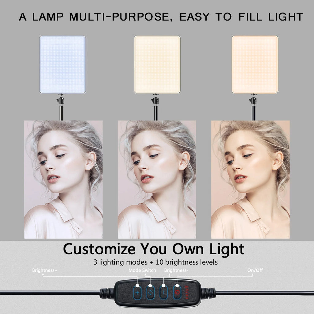 Three slim LED video panels on adjustable tripod stands against a pale blue set, with warm and cool color swatches