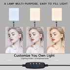 Three slim LED video panels on adjustable tripod stands against a pale blue set, with warm and cool color swatches