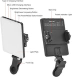 Clip-on LED light with warm and cool beads, shown clipped to a phone, mounted on a DSLR and clipped to a laptop