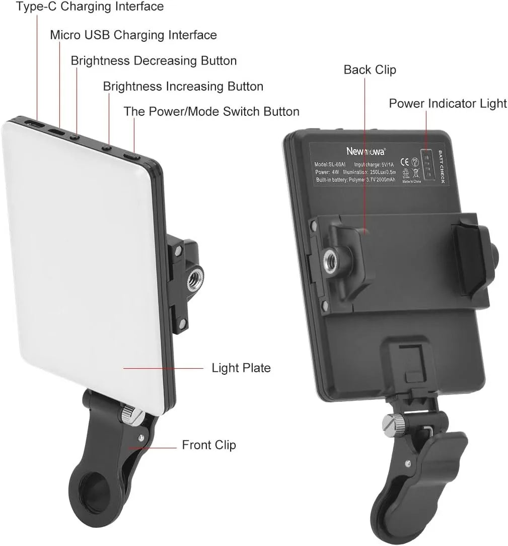Clip-on LED light with warm and cool beads, shown clipped to a phone, mounted on a DSLR and clipped to a laptop