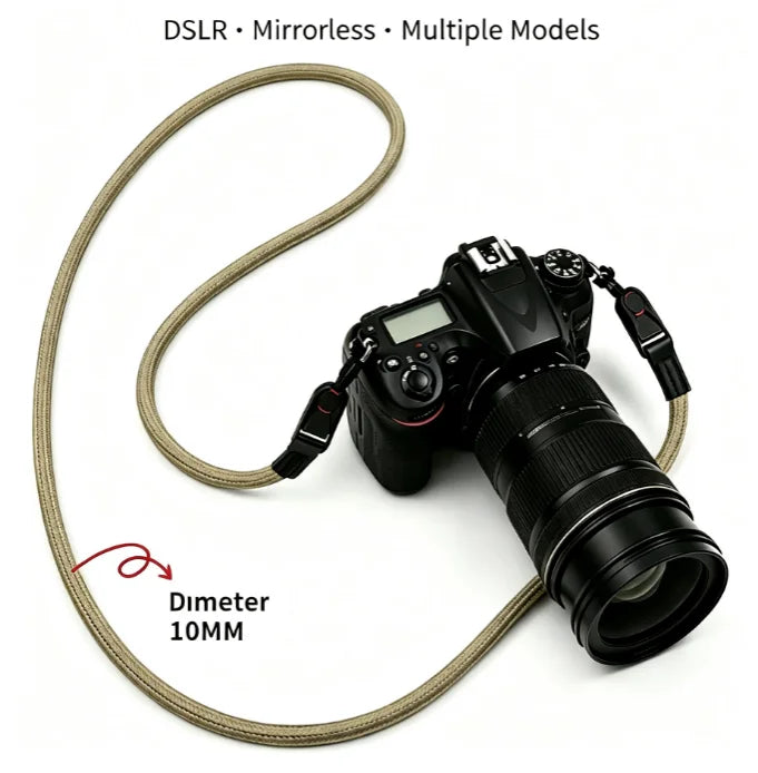 Black braided rope camera strap coiled on a dark surface, with a quick release clip and a cord loop at each end