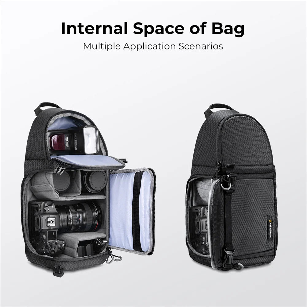 Four K&F Concept single-strap camera sling bags in black, grey, navy and green, standing side by side