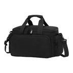 Black rectangular camera carrying bag with two top handles, a front zip pocket and a shoulder strap