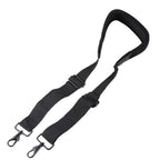 Black adjustable shoulder strap with a wide padded shoulder pad and a swivel snap hook at each end