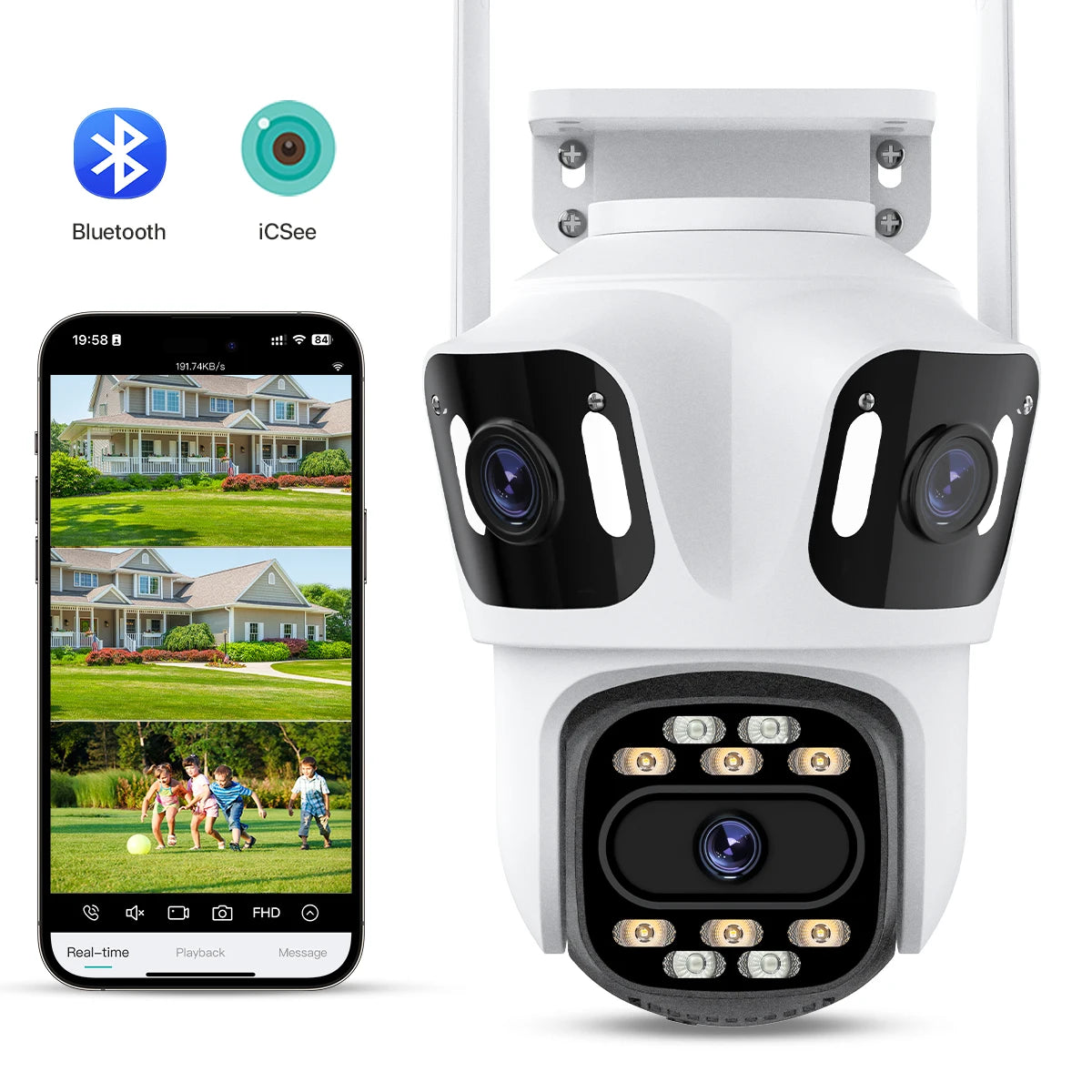 White outdoor security camera with two fixed lenses on top and a pan-tilt lens below, next to a phone showing three views