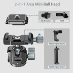 Black low-profile ball head with a quick release clamp and plate, a locking lever, a hex key and a thread adapter