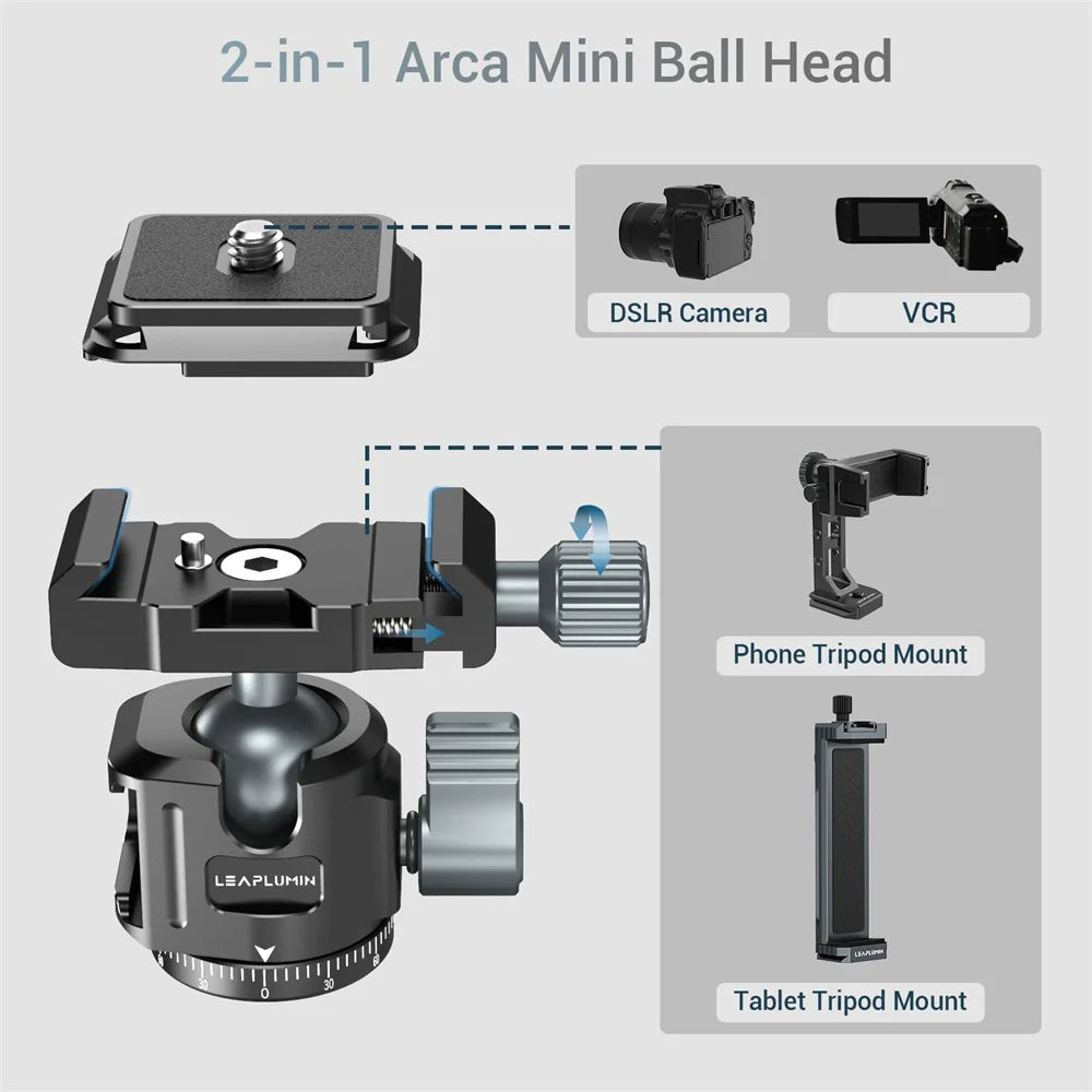 Black low-profile ball head with a quick release clamp and plate, a locking lever, a hex key and a thread adapter