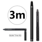 Two black carbon fiber selfie sticks, one long and one short, beside a folding bullet time handle