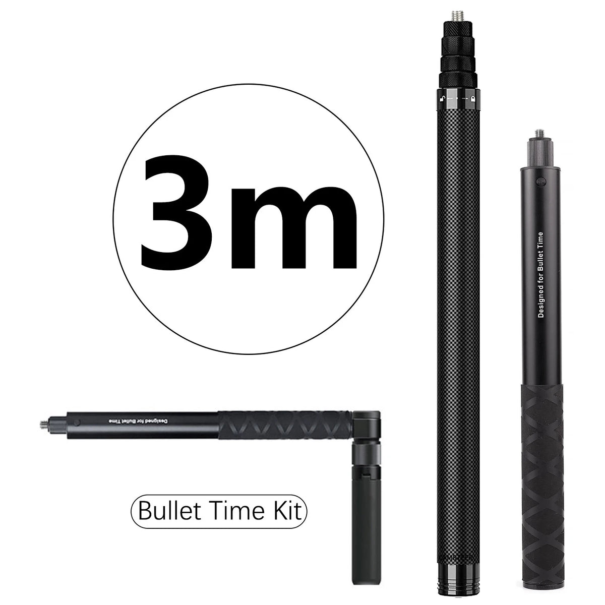 Two black carbon fiber selfie sticks, one long and one short, beside a folding bullet time handle