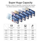 Five blue Netac microSD cards in a row marked 32, 64, 128, 256 and 512 GB on a white background