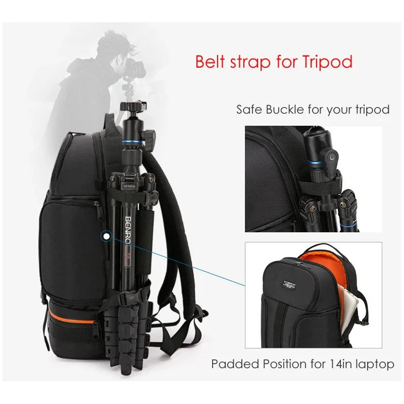 Black Jinnuolang camera backpack with a side access panel open to a grey padded camera compartment