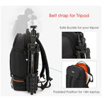 Black Jinnuolang camera backpack with a side access panel open to a grey padded camera compartment