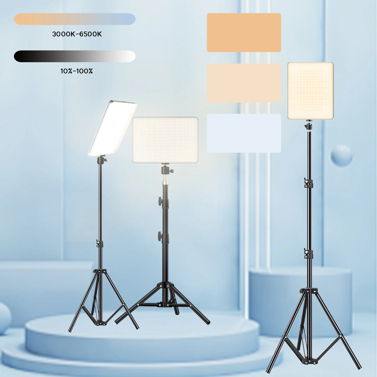 Three slim LED video panels on adjustable tripod stands against a pale blue set, with warm and cool color swatches