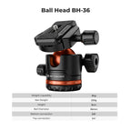 Black K&F Concept tripod with an orange-trimmed ball head, shown with a phone clip, folded legs and a black carry bag