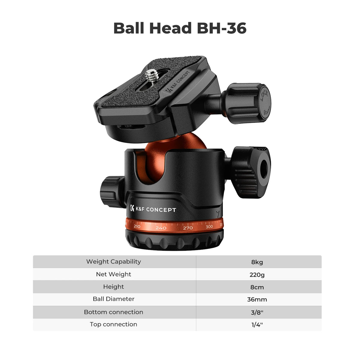 Black K&F Concept tripod with an orange-trimmed ball head, shown with a phone clip, folded legs and a black carry bag