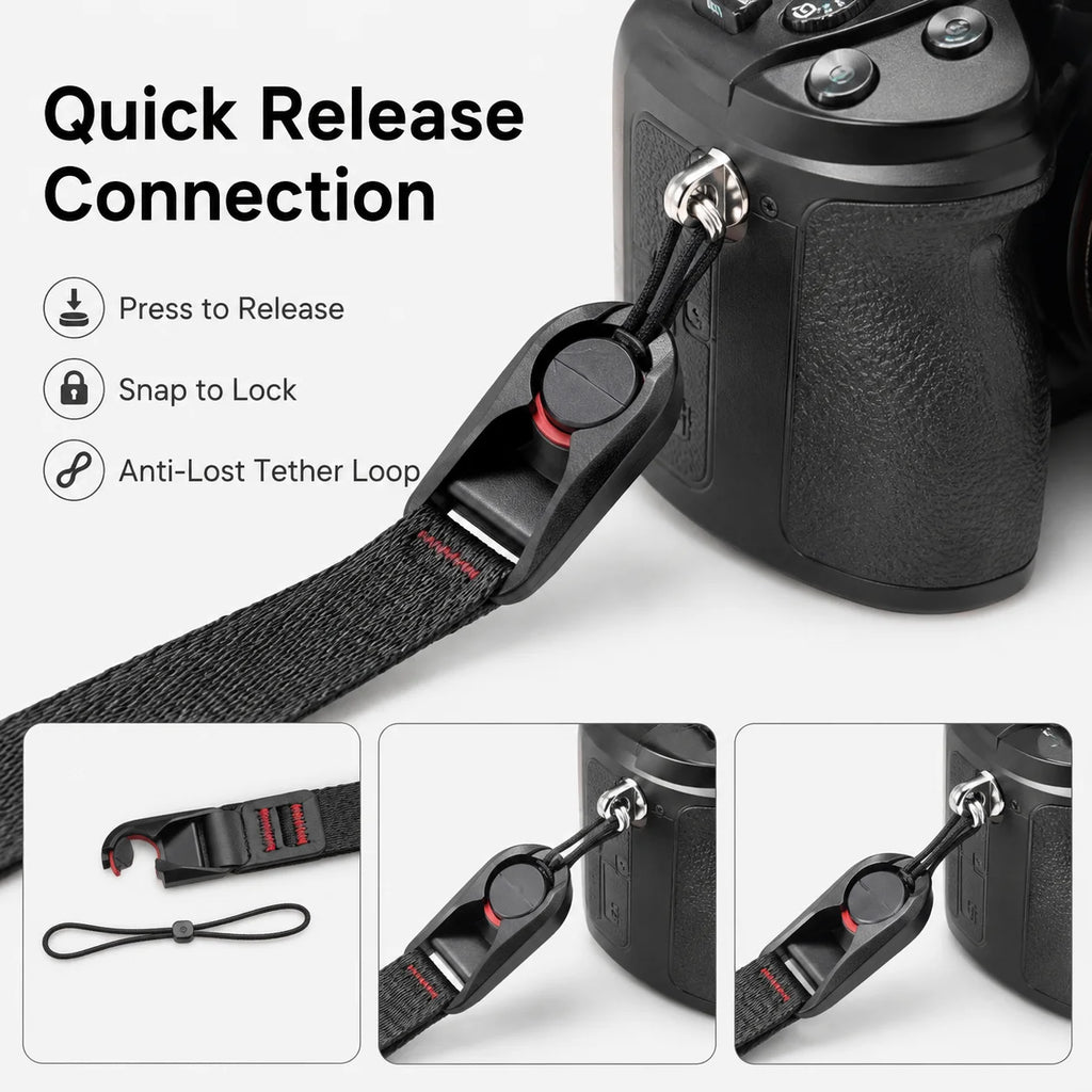 Six fabric camera straps in black, grey, blue and orange with quick release clips, one attached to a black DSLR