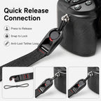 Six fabric camera straps in black, grey, blue and orange with quick release clips, one attached to a black DSLR
