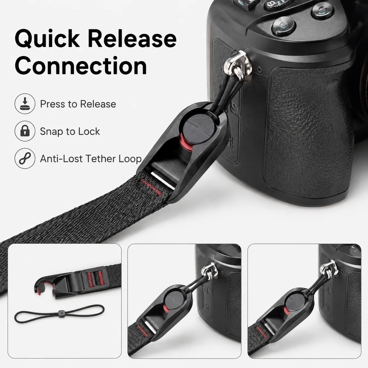 Six fabric camera straps in black, grey, blue and orange with quick release clips, one attached to a black DSLR