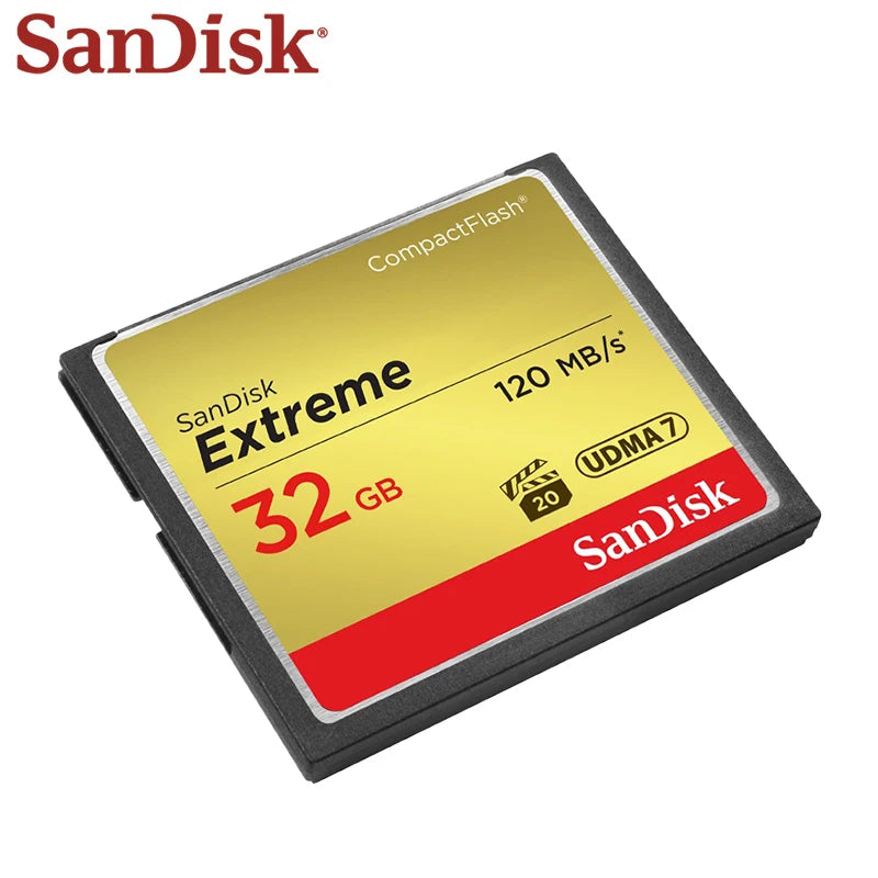 Gold and black SanDisk Extreme 32GB CompactFlash card marked 120 MB per second and UDMA 7
