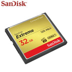 Gold and black SanDisk Extreme 32GB CompactFlash card marked 120 MB per second and UDMA 7