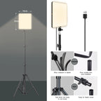 Three slim LED video panels on adjustable tripod stands against a pale blue set, with warm and cool color swatches