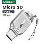 Small silver metal microSD card reader with a USB-C plug and a short wrist strap on a split ring