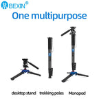Black Bexin monopod shown closed, and extended on small blue and black support feet with a video head and a long handle