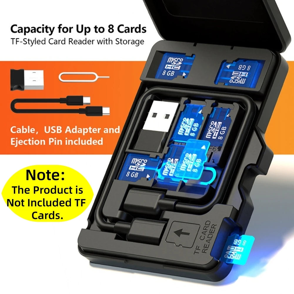 Black Budi card case shaped like an oversized microSD card, open to show card slots and a fold-out USB reader
