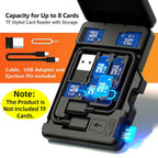 Black Budi card case shaped like an oversized microSD card, open to show card slots and a fold-out USB reader