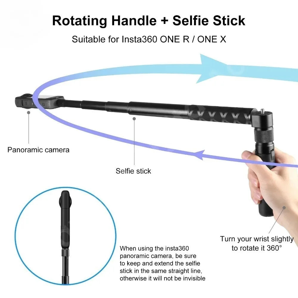 Black mini tripod handle with a rotating top and 1/4 inch screw, swinging a stick and holding a 360 camera on a table