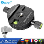 Round black Bexin clamp with scale markings, two locking knobs, a bubble level and a degree ring around its base