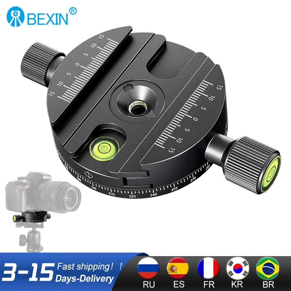 Round black Bexin clamp with scale markings, two locking knobs, a bubble level and a degree ring around its base