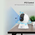 White Kerui pan-tilt camera on a wooden table, with arrows showing 355 degree horizontal and 80 degree vertical rotation