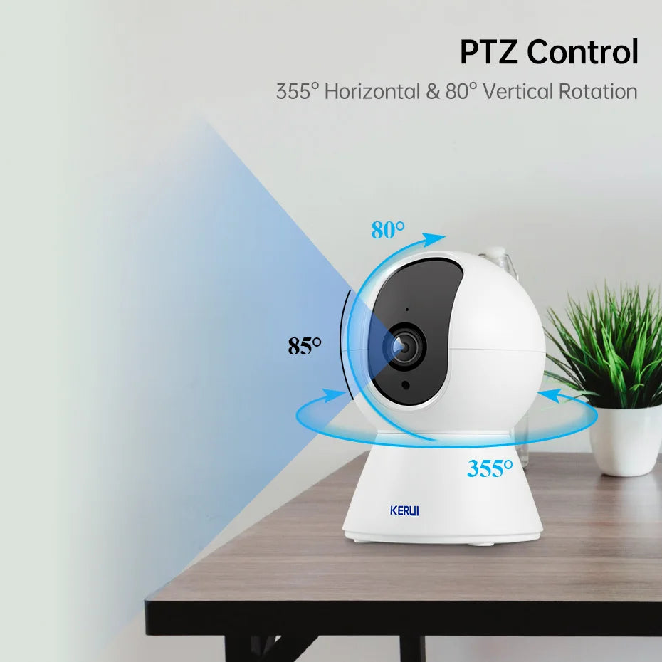 White Kerui pan-tilt camera on a wooden table, with arrows showing 355 degree horizontal and 80 degree vertical rotation