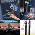 Black and orange selfie stick tripod holding a phone between two round fill lights, with a small remote and folded views