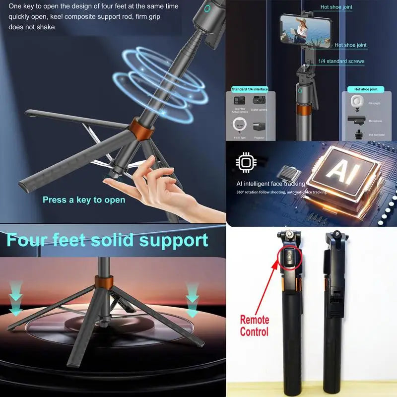 Black and orange selfie stick tripod holding a phone between two round fill lights, with a small remote and folded views