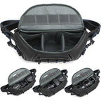 Black Qisemian camera sling bag shown closed, and open three times with a DSLR and lenses in grey dividers