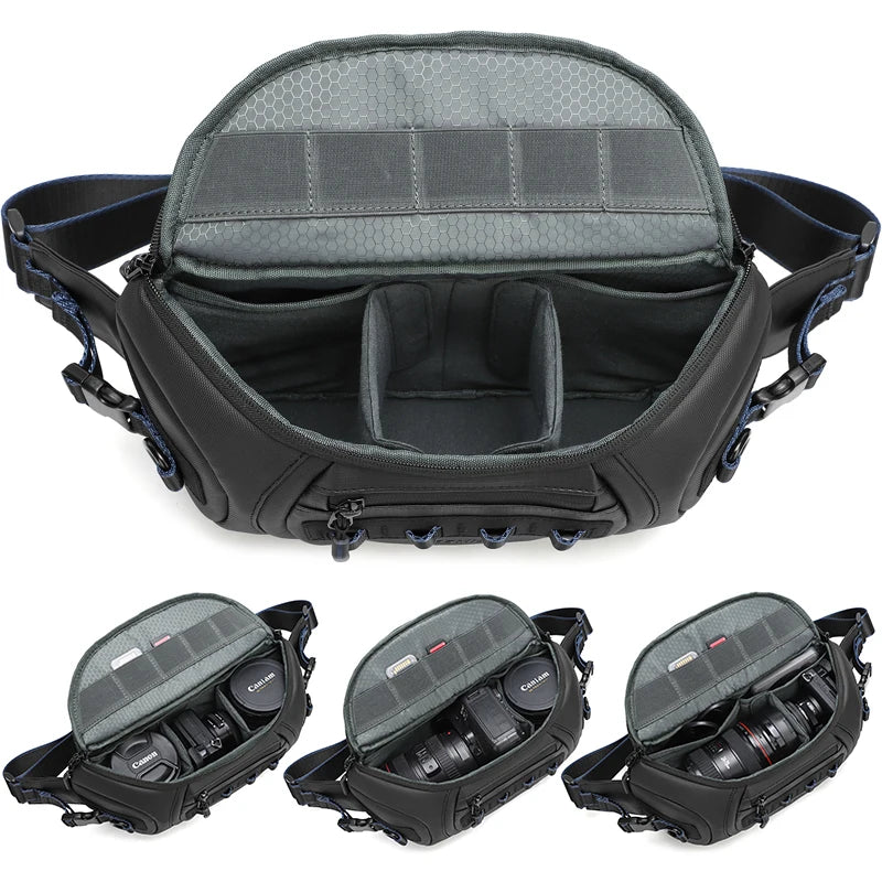 Black Qisemian camera sling bag shown closed, and open three times with a DSLR and lenses in grey dividers