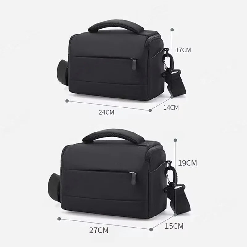 Black camera shoulder bag with a padded top handle, a zip front pocket and a clip-on shoulder strap